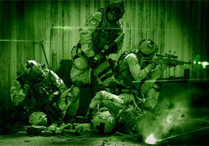 U.S. Special operations forces in a firefight during a night operation.