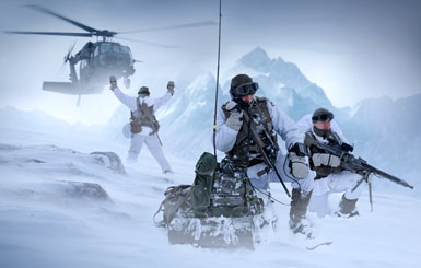 Special operations forces in winter warfare are picked up by a Black Hawk helicopter.