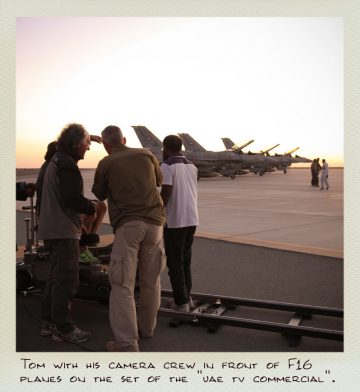 Tom (MILPICTURES) with his camera crew in front of F16 planes on the set of the 