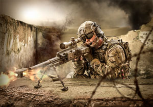 An international Special Operations Forces Scout Sniper fights the enemy with a heavy sniper rifle.