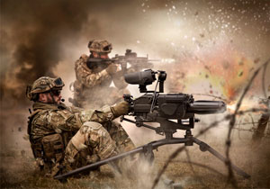 Special operations forces soldiers in a combat mission with an automatic grenade launcher.