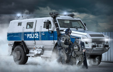 A police special unit with armored vehicle.